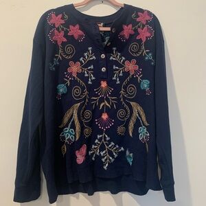 Johnny Was Navy Thermal Top with Floral Embroidery